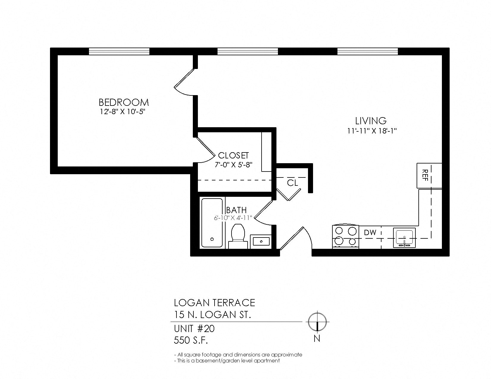 Floor plan for 1 bed, 1 bath, 390 sqft